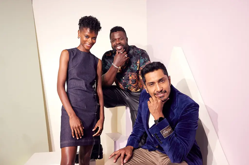 (l.-r.) Letitia Wright, Winston Duke, and Tenoch Huerta at an event for Black Panther: Wakanda Forever (2022)